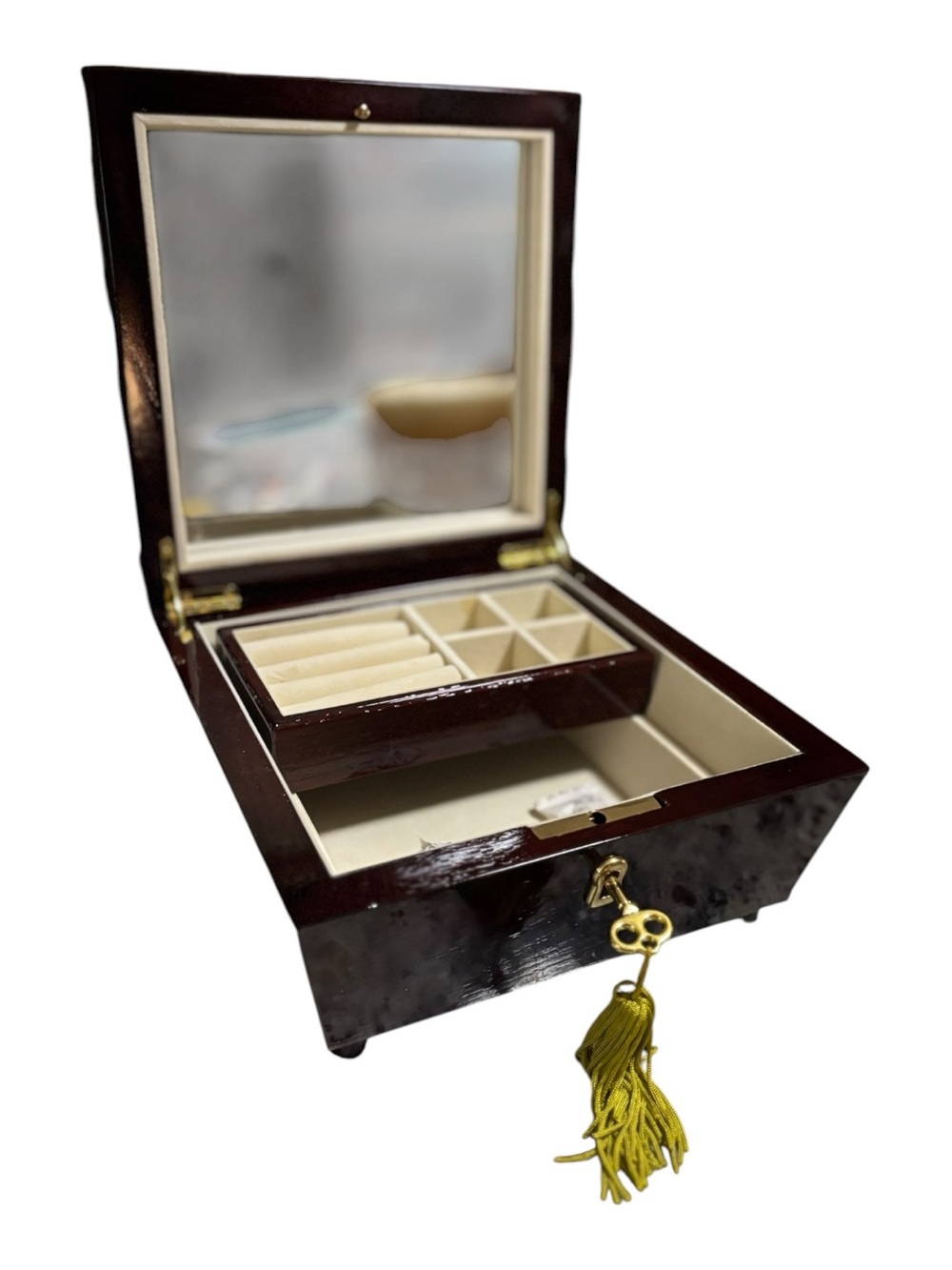 Wooden Jewelry Box with Key and Mirror Cherry Wood with Cream Velvet Interior